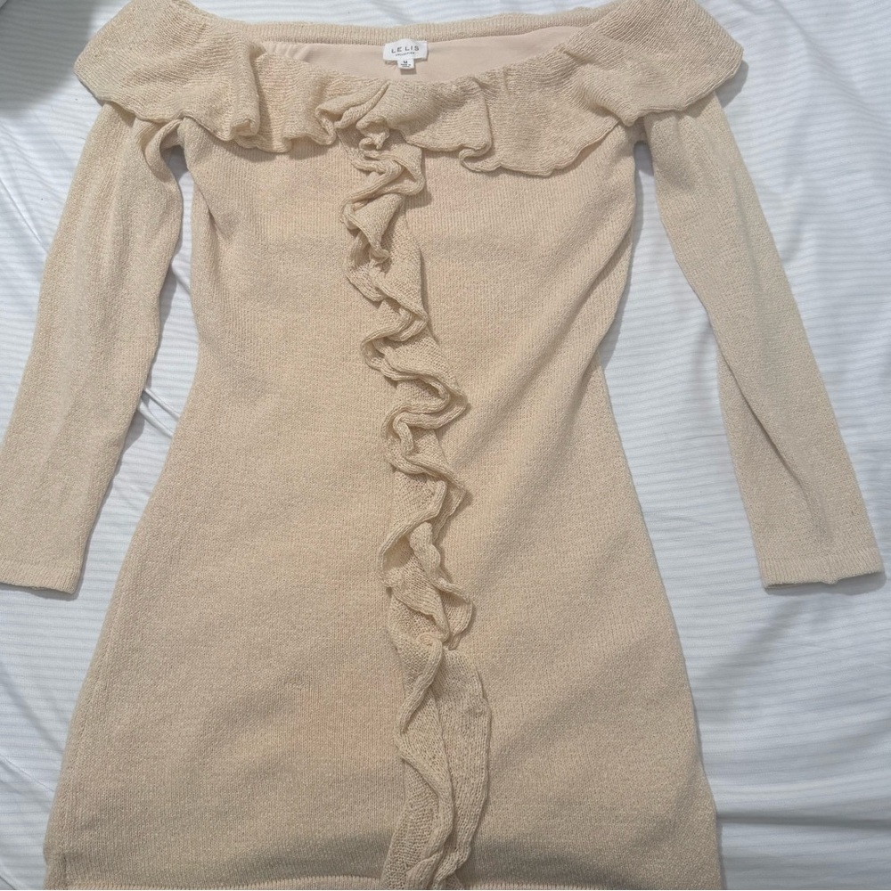 Off-Shoulder Beige Knit Dress with Ruffle Detail
